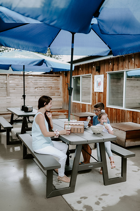 family sitting on the picnic table