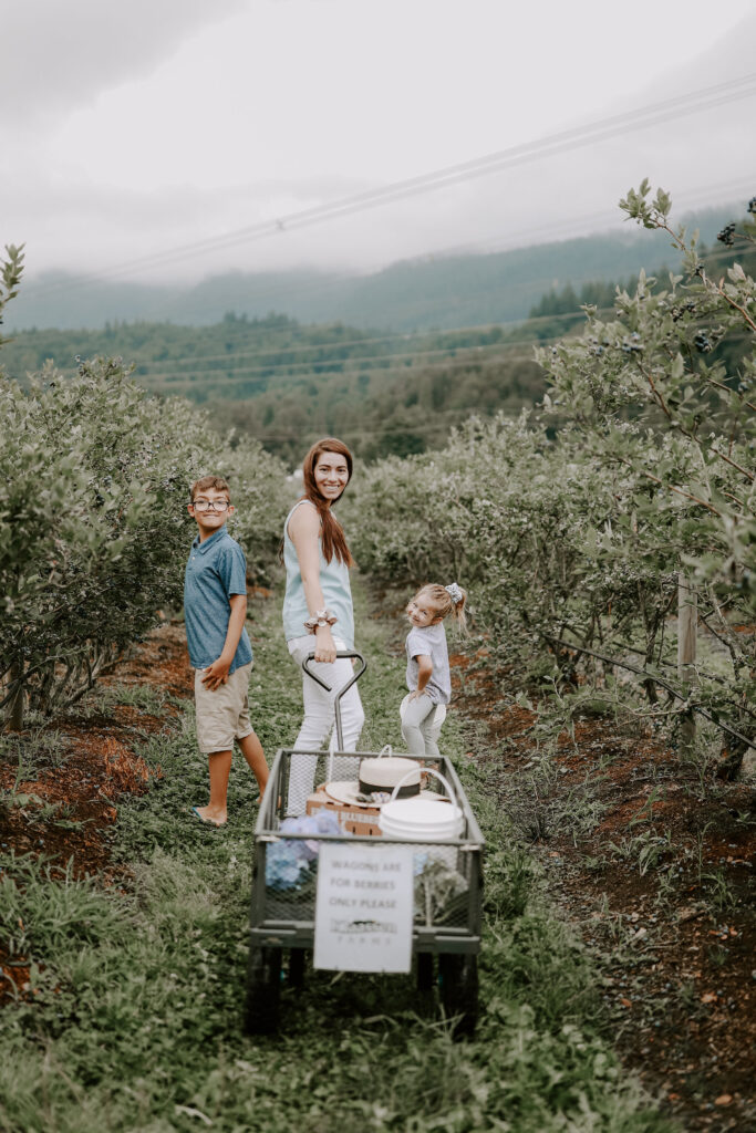 family picking blueberries